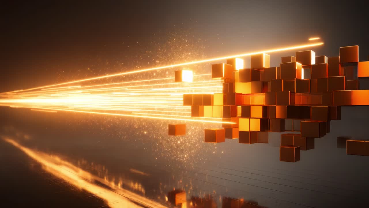 Dynamic Stream of Light and Sparkles Composed of Golden Blocks Creating a Stunning Visual Display with Reflections and Motion Effects Enhancing the Digital Atmosphere