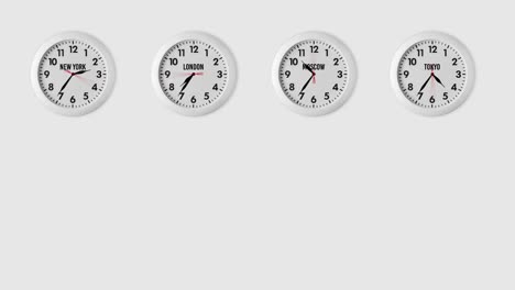 seamless looping animation with four timezone clocks showing different time in london, tokyo, new york and moscow. white and gray background with copy space