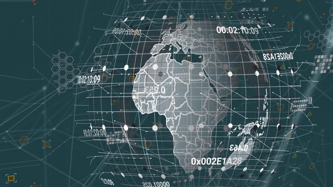 animación del procesamiento de datos sobre un globo giratorio y una red de conexiones contra un fondo azul.