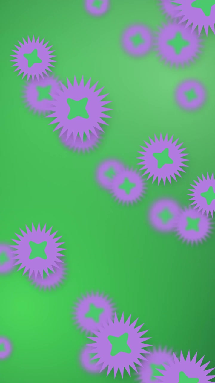 Oggetti a forma di stella viola stilizzati che cadono lentamente su uno sfondo sfumato a rete verde vibrante