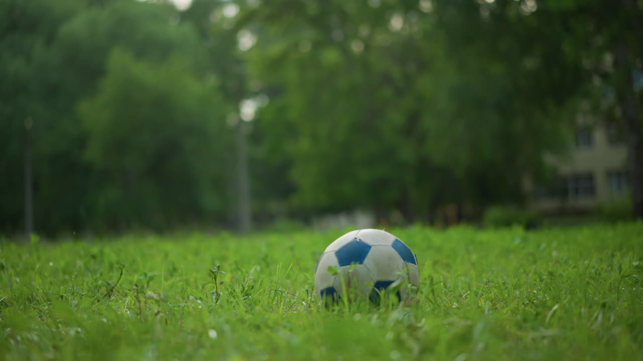 울창하고 잔디이 많은 에서 뒤에서 축구공을 능숙하게 들어 올리는 사람의 근접적인 다리 시각, 배경에는 나무와 흐릿한 주변이 있습니다.