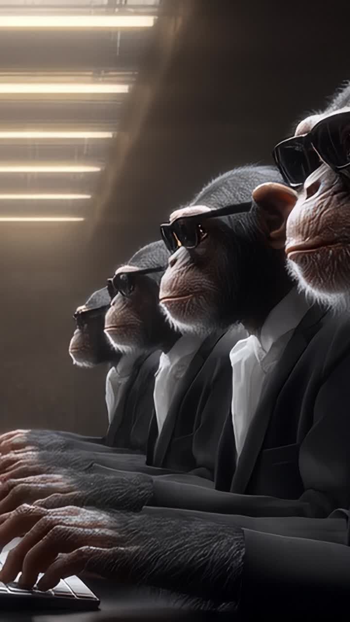 A group of stylishly dressed monkeys wearing sunglasses appears focused at their computer desks, typifying a humorous take on professionalism and teamwork in a fun setting
