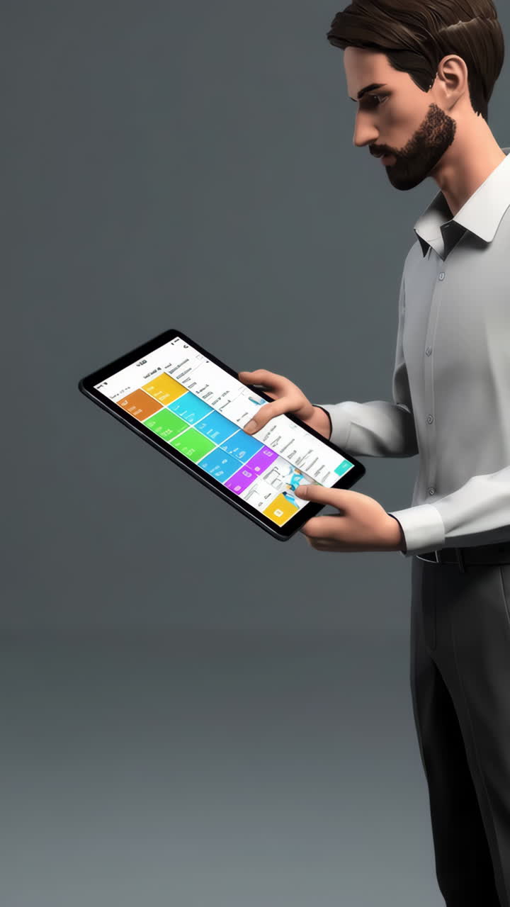 3D Rendered Man Using a Tablet with Data Interface