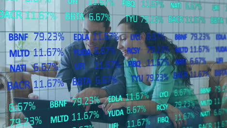 animation of data processing over caucasian couple using laptop