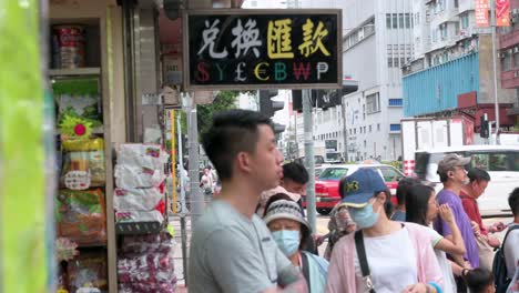 urban street scene with currency exchange and pedestrians