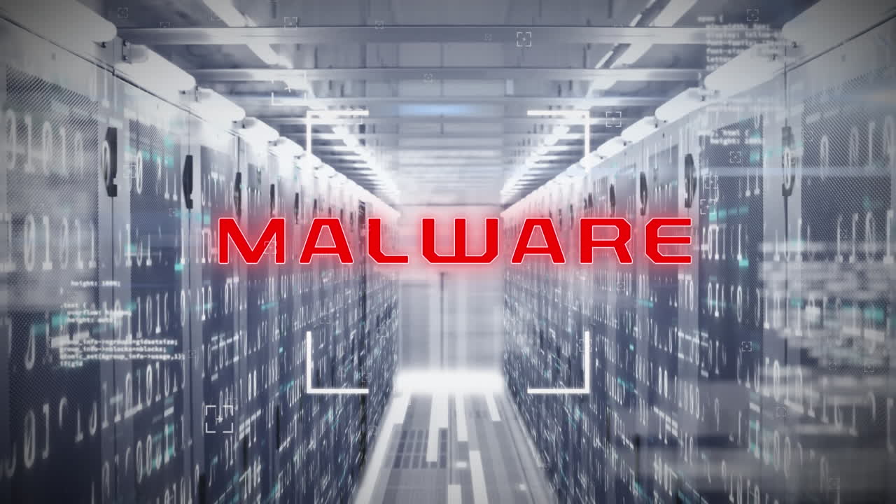 Animation of scope scanning over malware text and data processing against computer server room