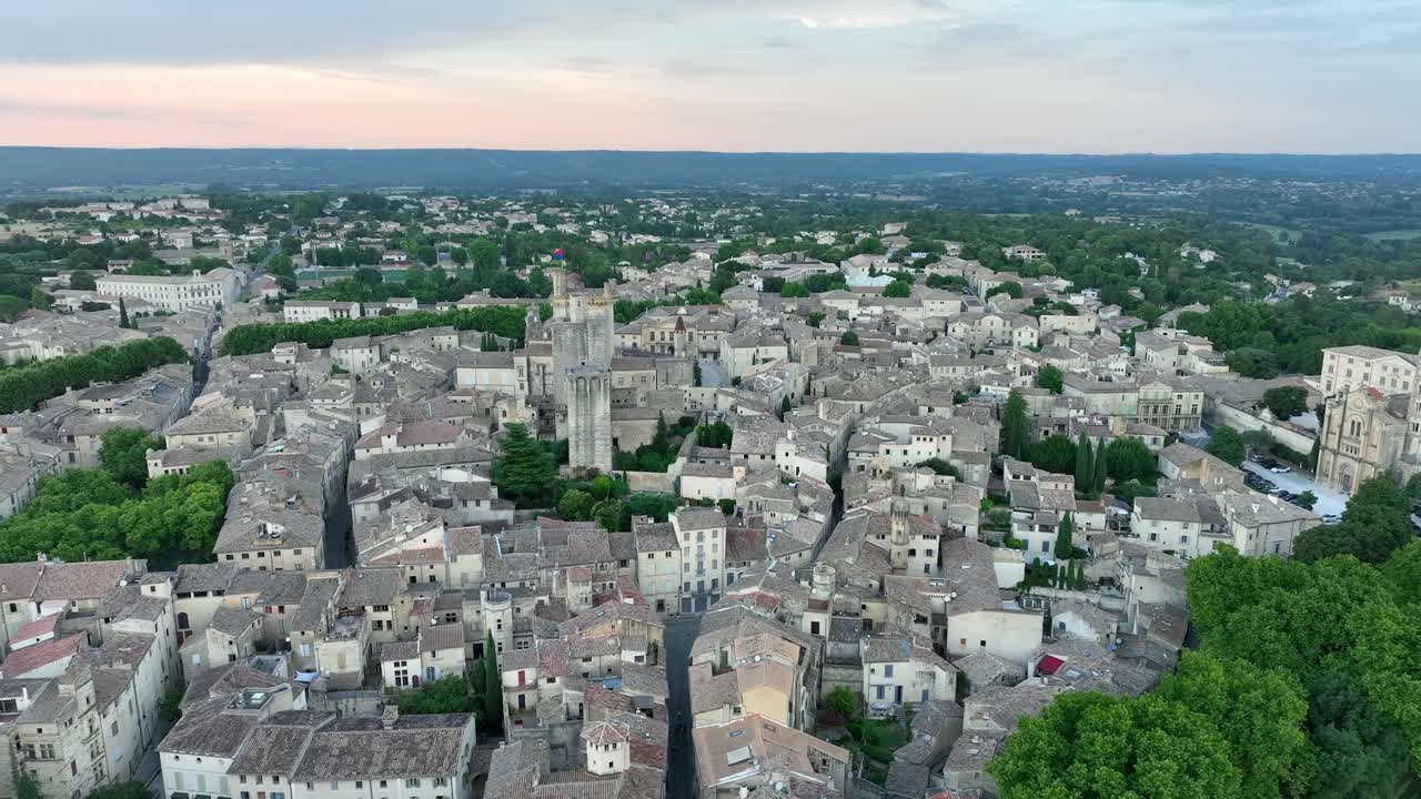 Uzès Medieval Town in South of France - Aerial Orbit at Dusk