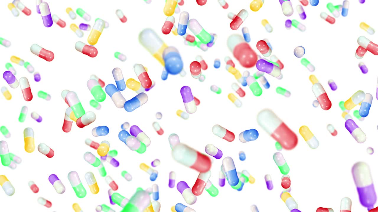 Muitas cápsulas médicas voando em fundo branco. Conceito de medicina e farmacêutica. Animação 3D de cápsula de pílula colorida girando. Animação em loop