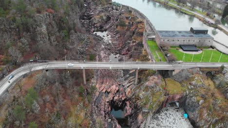 aerial shot of trollhattan waterfalls, dam wall and surrounding power plant in sweden