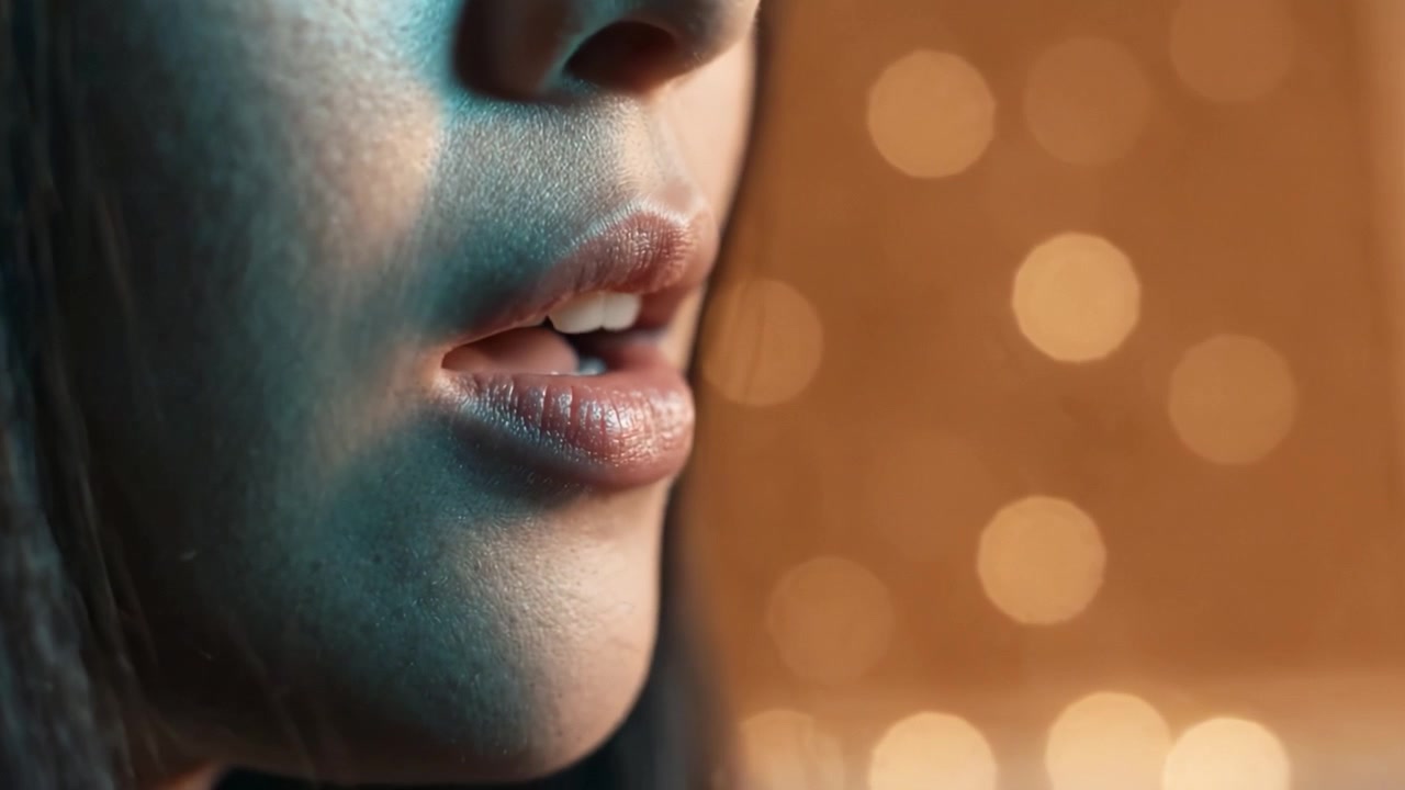 Primo piano del viso di una giovane donna, che evidenzia la sua pelle liscia e le labbra morbide, con uno splendido sfondo bokeh che crea un'atmosfera sognante di intimità e serenità