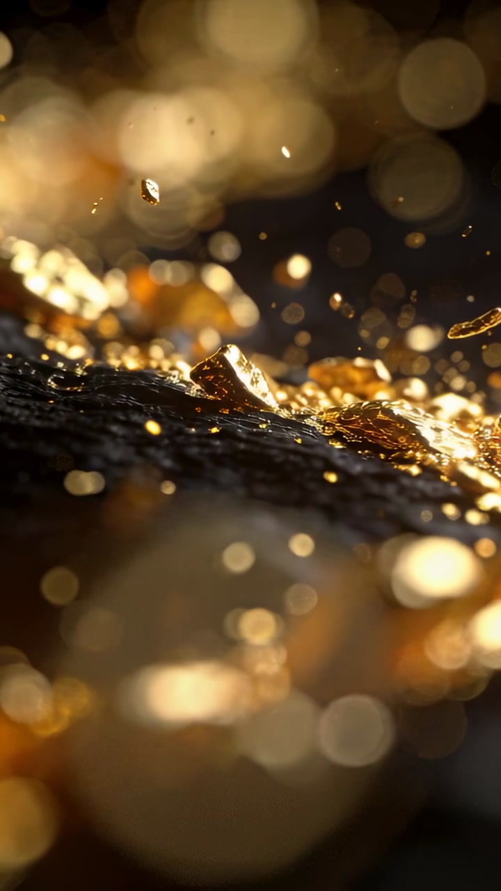 Macro gold flakes lifting, drifting after focus shift, catching warm bokeh on dark base for ads