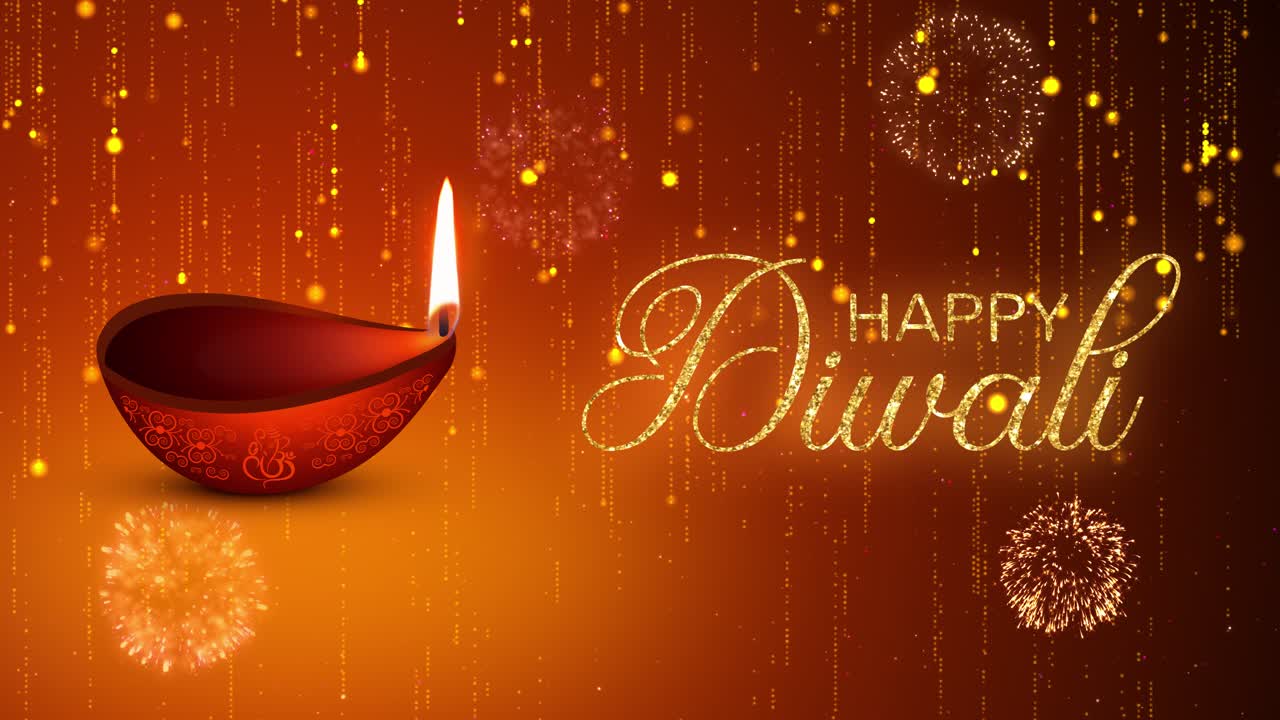 4 biglietti tradizionali di buon Diwali con lampada a olio decorativa, festival delle luci, sfondo in loop per auguri.
