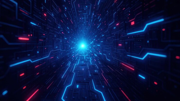 Futuristic digital tunnel with glowing circuits, viewed from a central perspective