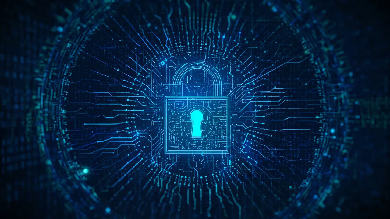 Pulsing padlock icon glowing on boot in network, sending circuit pulses and indicating security