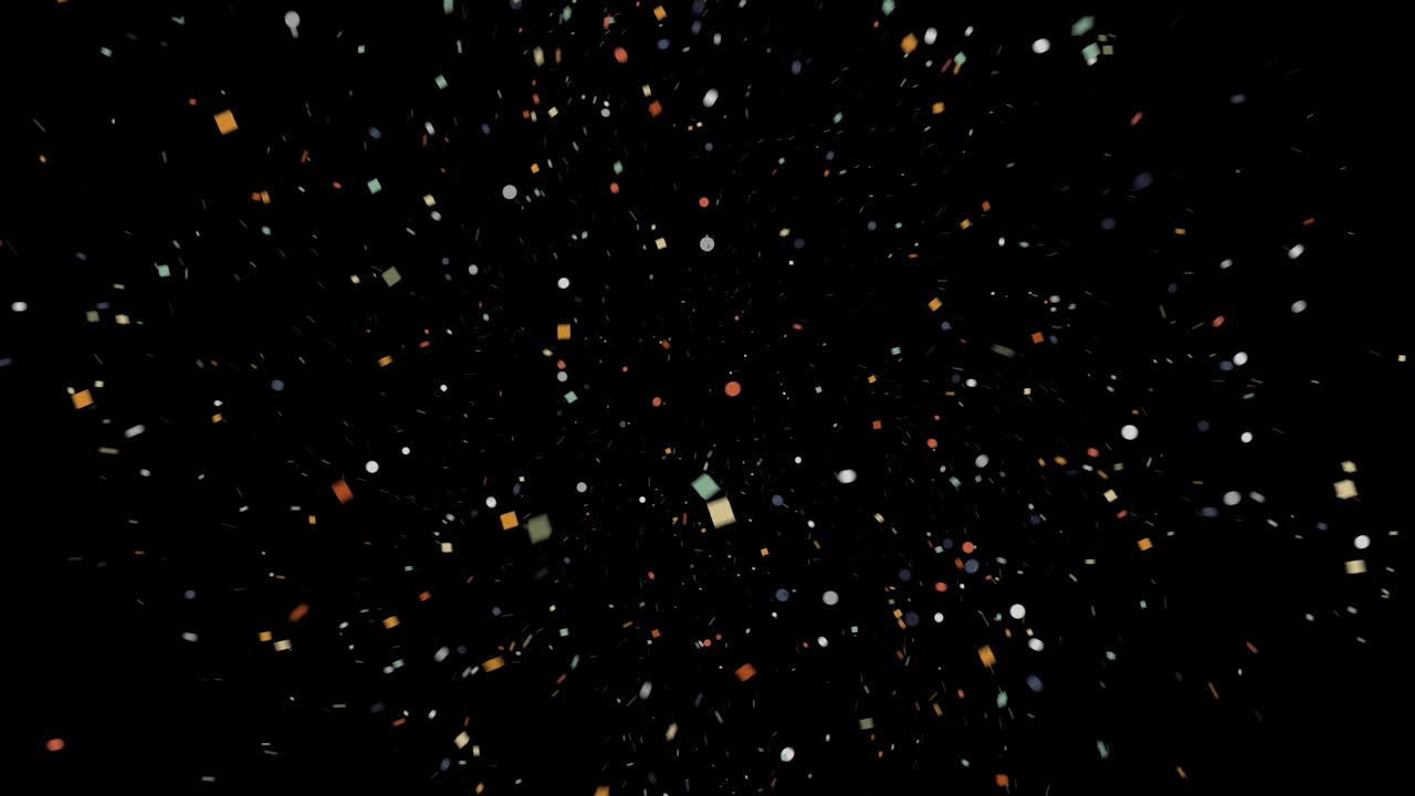 카메라를 향해 서서히 날아가는 콩페티, 검은색 배경에서, 다양한 색의 작은 콩베티 조각이 많이 떨어집니다.