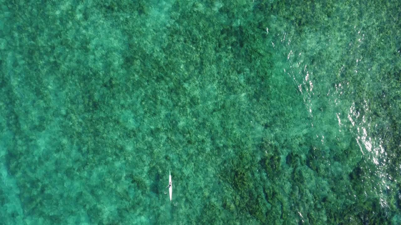 스페인 해안선에서 떨어진 고요하고 맑은 청록색 바다를 따라 노를 젓는 외로운 카약