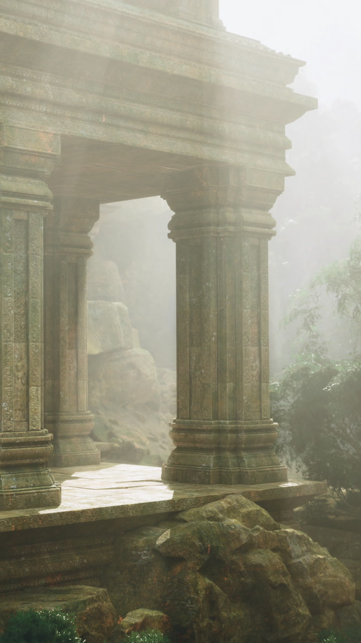 Mystical ruins emerge from the fog in a serene enchanting landscape