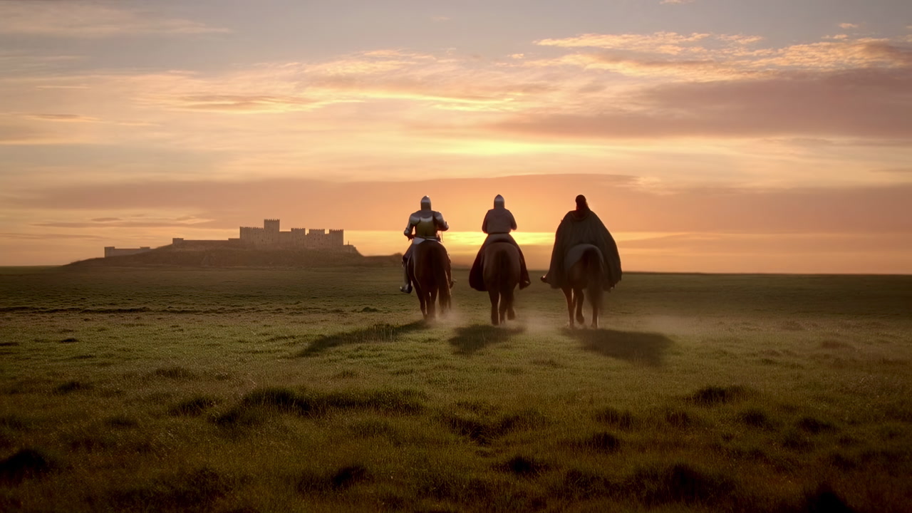 Three Knights On Horseback At Sunset Galloping Across Windswept Grassland Toward Distant Coastal Castle Golden