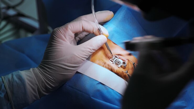 Laser vision correction. A patient and team of surgeons in the operating room during ophthalmic surgery. Eyelid speculum. Lasik treatment. Patient under sterile cover