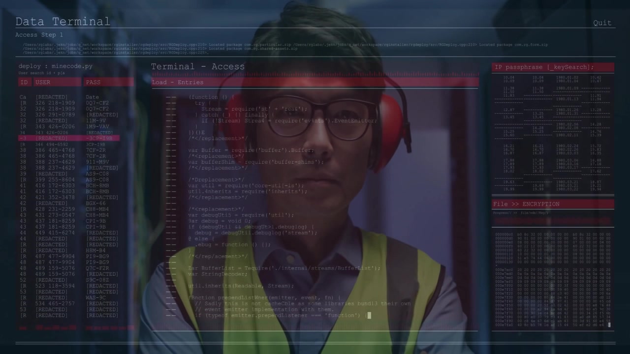 IT technician in server aisle executing deployment script on translucent overlay confirming access