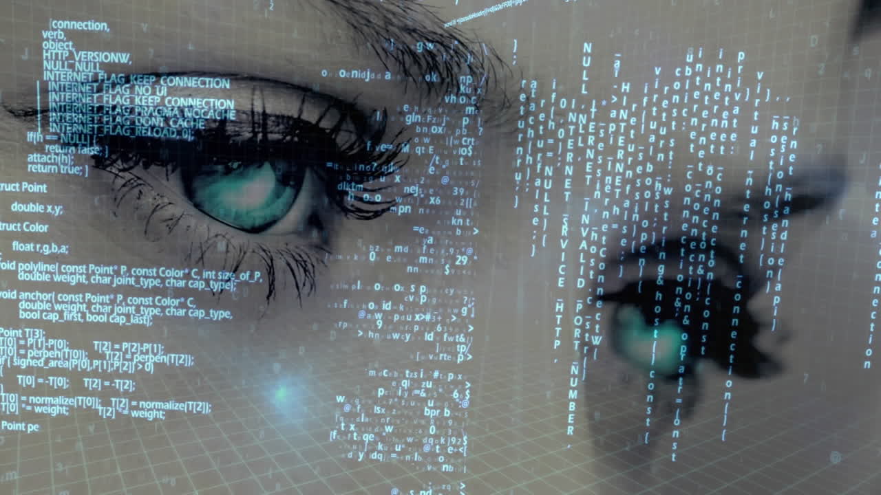 datos desplazándose y moviéndose contra un fondo que muestra a una mujer parpadeando