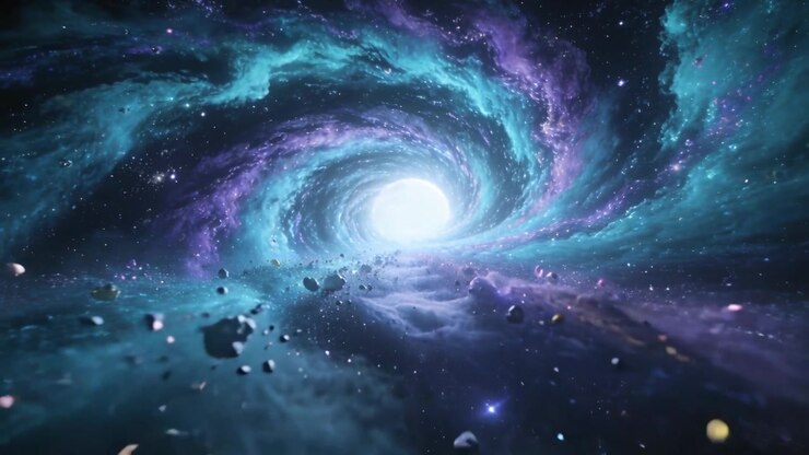 Moving spiral nebula drawing camera through tunnel into bright core, with asteroids, dust sparkling