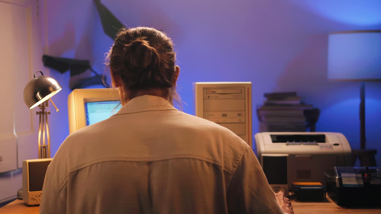 Man working and gaming on retro computer PC, IT engineer with vintage computer at home, using old fashion technology, close up of retro setup.