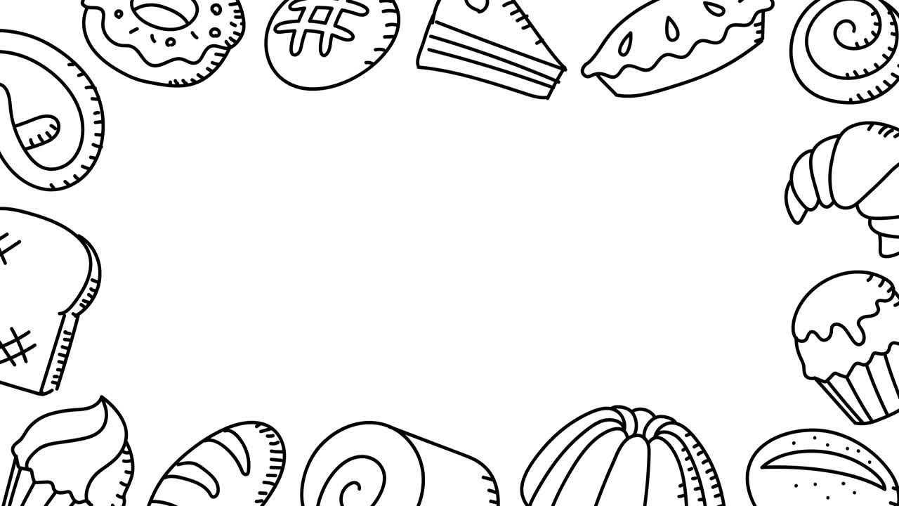 patrón de marco móvil de panadería fondo dibujo de dibujos animados a mano contorno ilustración de trazo aislada en fondo blanco animación de bucle sin costuras 4k, con espacio de copia central