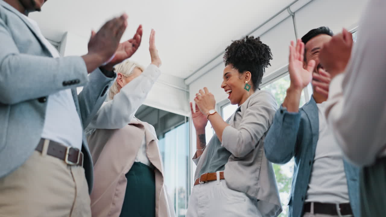 Celebration, hand stack and happy business people