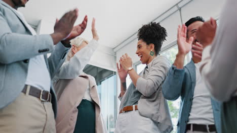 celebration, hand stack and happy business people