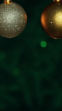 a green background with two clusters of christmas ornaments. the ornaments are green and white, and they are scattered throughout the scene. the background is a mix of green and brown