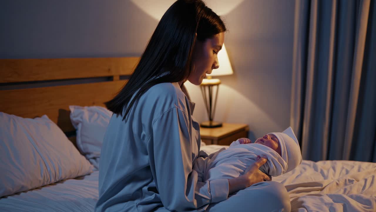 Mother Holding Newborn Baby at Night