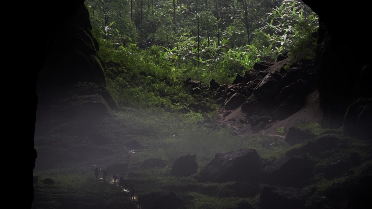 group of explorers walking through the mist head toward the green jungle above