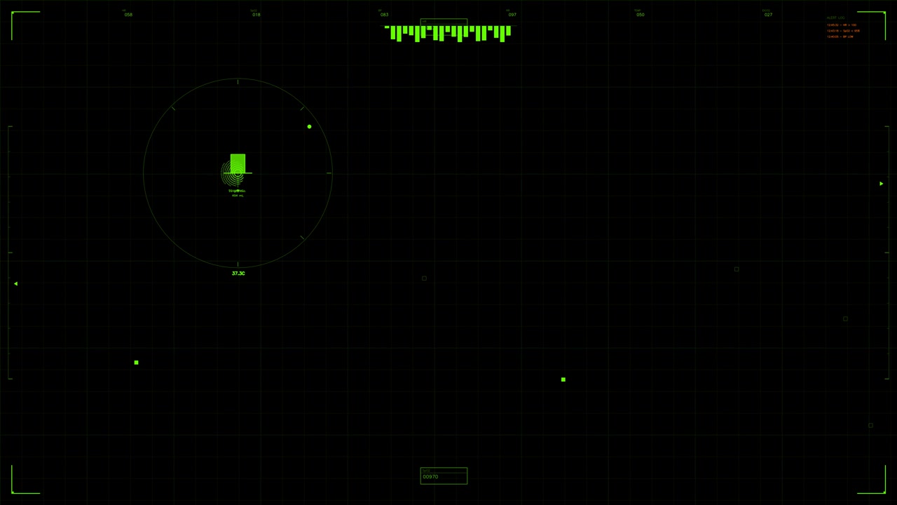 A military heads up display used in science fiction and war videos. It features a green grid with icons for tactical data and location tracking
