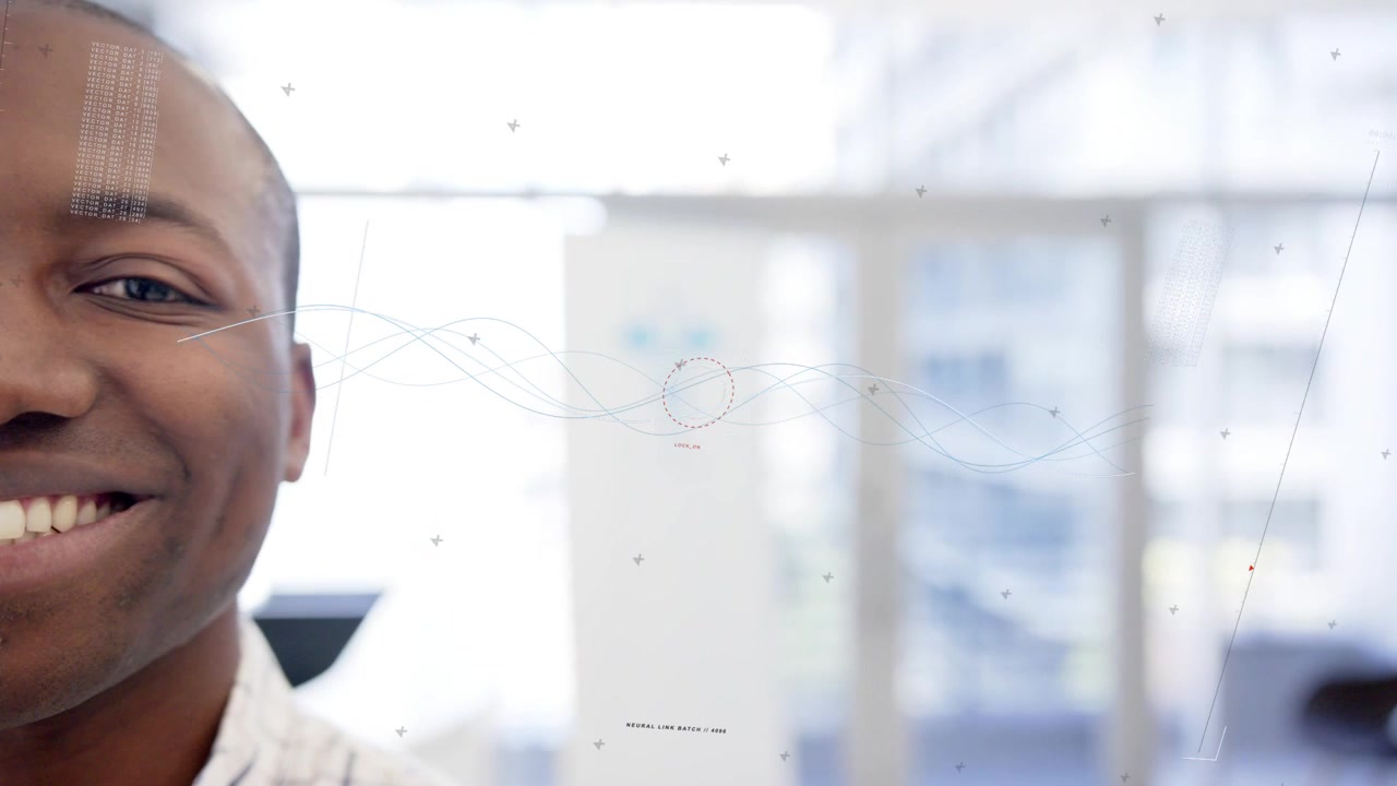 Male office worker opening eye and smiling while HUD overlay expanding, responding to business demo