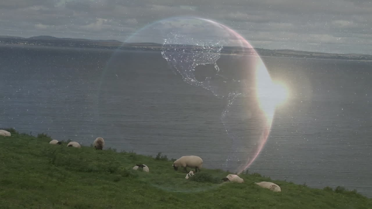 Sheep grazing on green hillside, glowing planet bubble hovering above calm water in 3D render