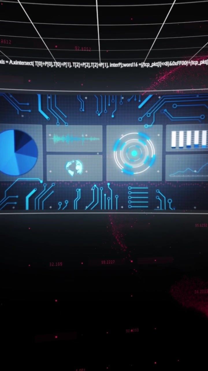 Animation of globe, graphs and data processing on screens on black background