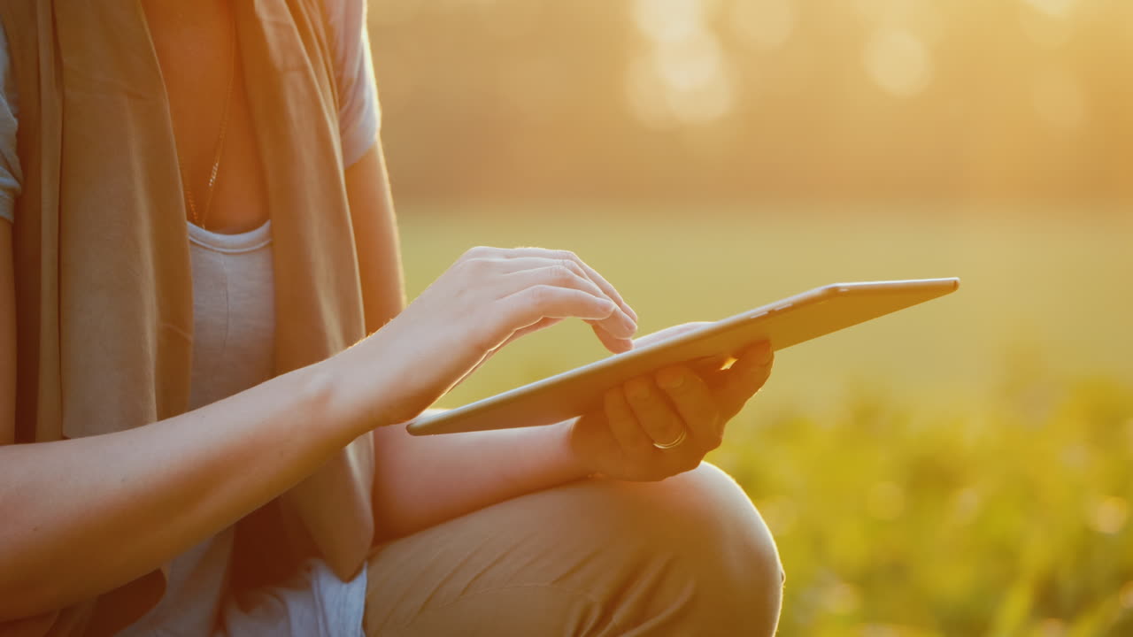 Mani di un agricoltore che lavorano con un tablet vicino a giovani germogli di mais.