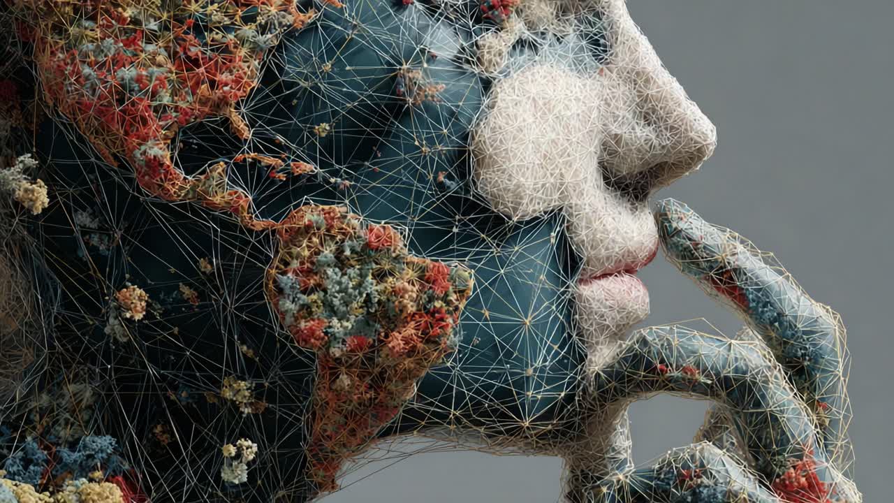 Profile of a humanoid figure composed of a complex network of threads and nodes, meditating on the world map symbolizing the intersection of global technology, humanity, and consciousness