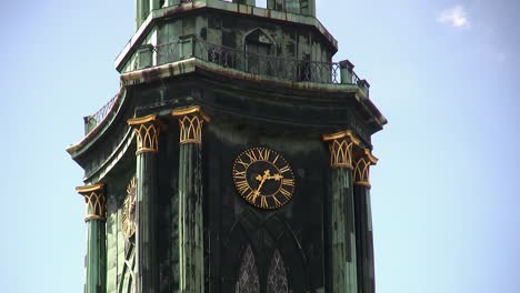 close up of bell tower of marienkirche in berlin near alexanderplatz, germany