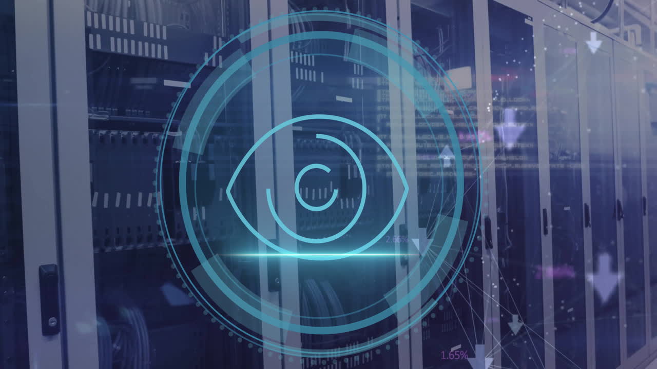 animación del alcance con icono de búsqueda y procesamiento de datos a través de servidores informáticos
