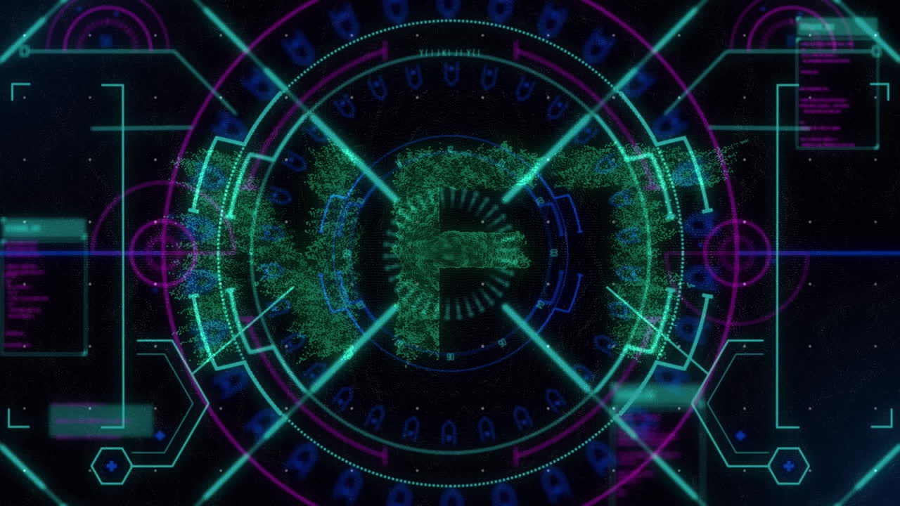 범위 스캐닝 위의 nft 텍스트와 함께 데이터 처리 애니메이션