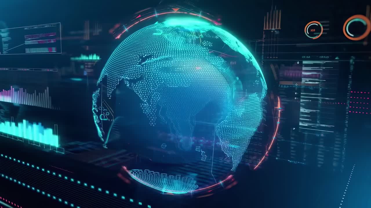 Futuristic video of a digital globe with data overlays, angled from the side