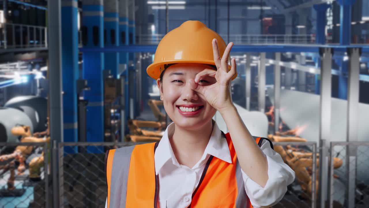 안전 헬을 입은 아시아 여성 엔지니어가 풍력 터빈 제조 공장에서 서서 카메라에 미소 짓고 로 팔이 작동하는 동안 눈 위에 ok 손 표시를 보여줍니다.