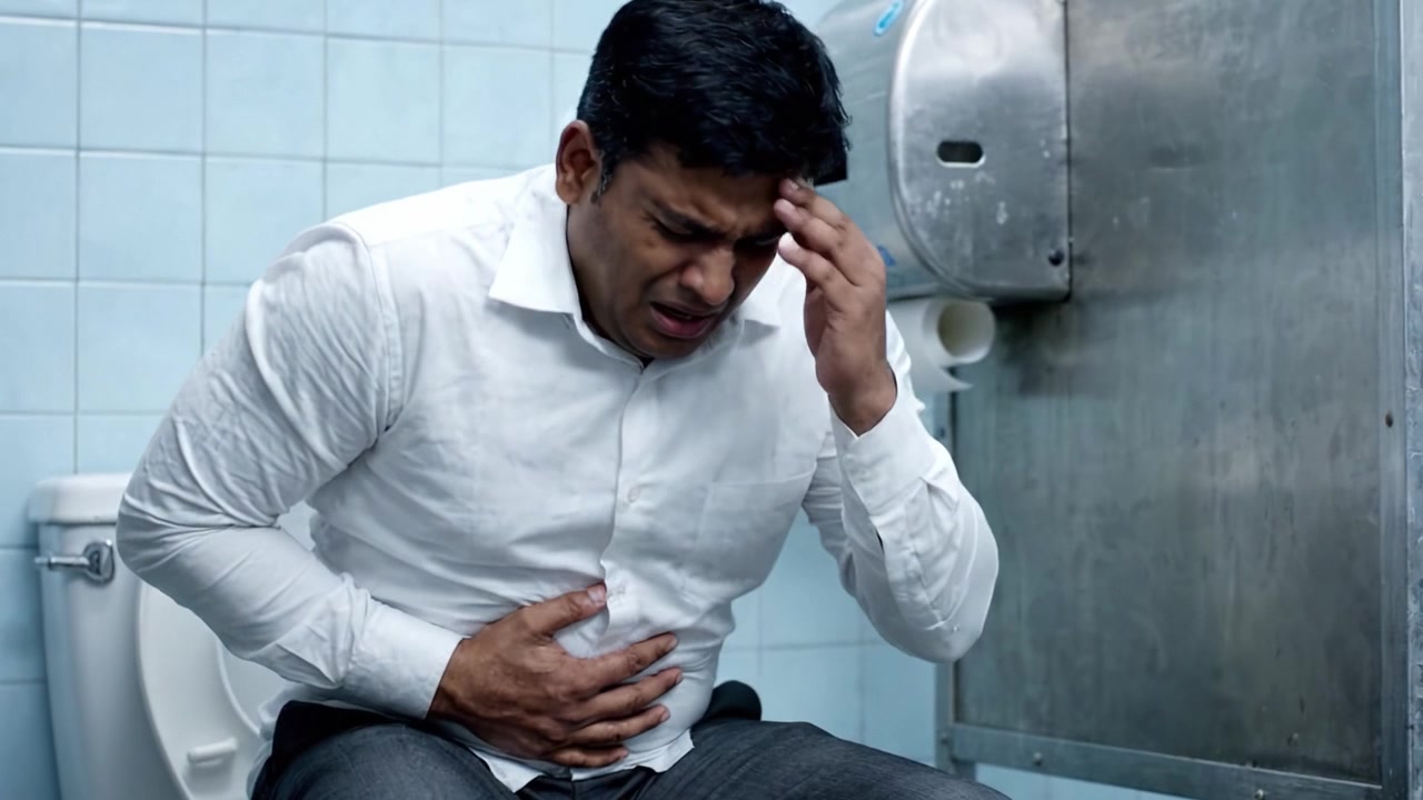 Struggling with Discomfort: A Man's Battle with Intestinal Pain in a Restroom Setting, Highlighting the Challenges of Digestive Distress and Urgency