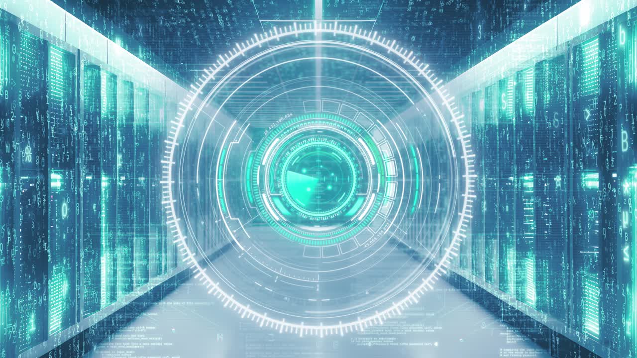 Futuristic HUD Effects Over Data Center Server Room Background with Cloud Computing and Big Data Concept
