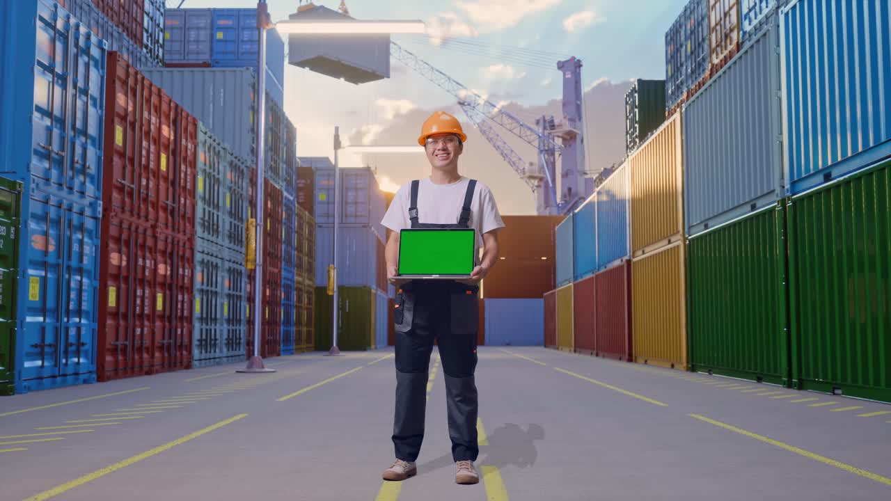 Full Body Of Asian Man Worker Wearing Goggles And Safety Helmet Smiling And Showing Green Screen Laptop To The Camera While Standing At Container Yard Warehouse