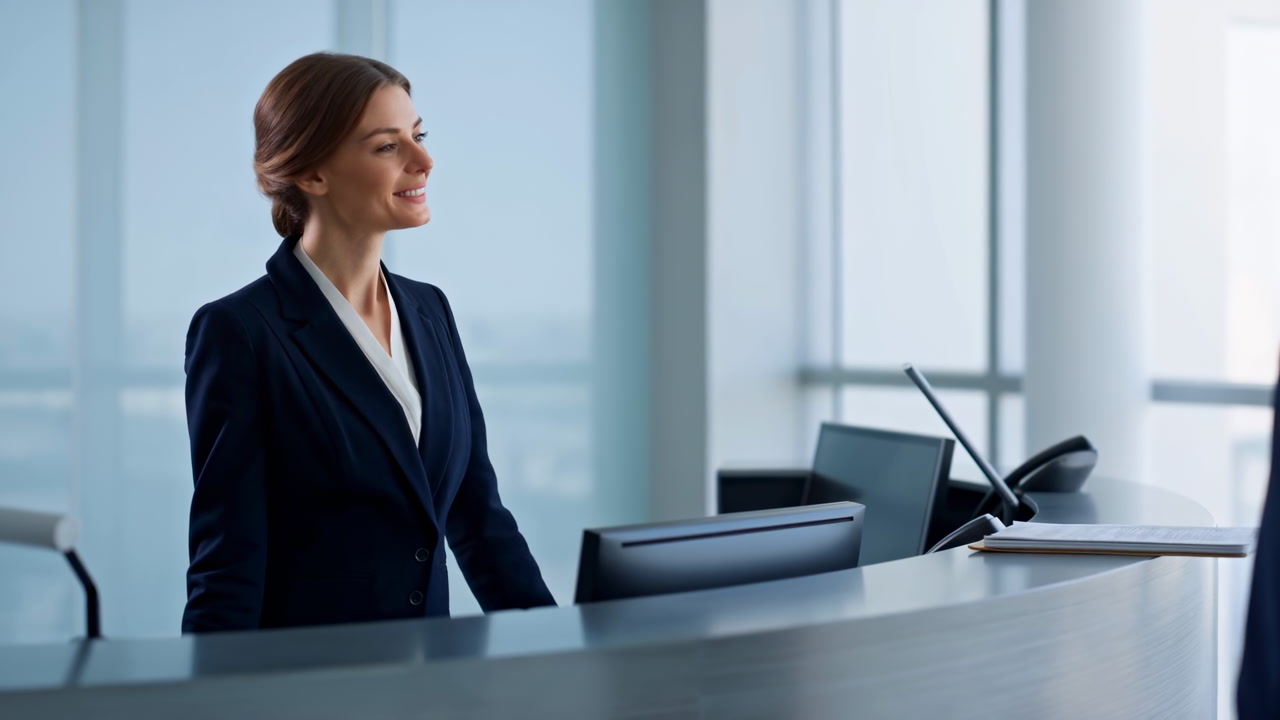 Caucasian Receptionist Smiles At Client In Modern Glass Office Reception, Professional Woman In Navy Suit