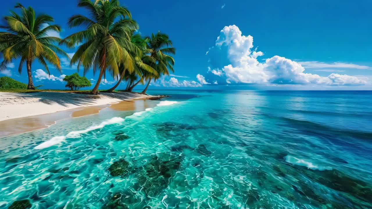 una playa con palmeras en la orilla del océano