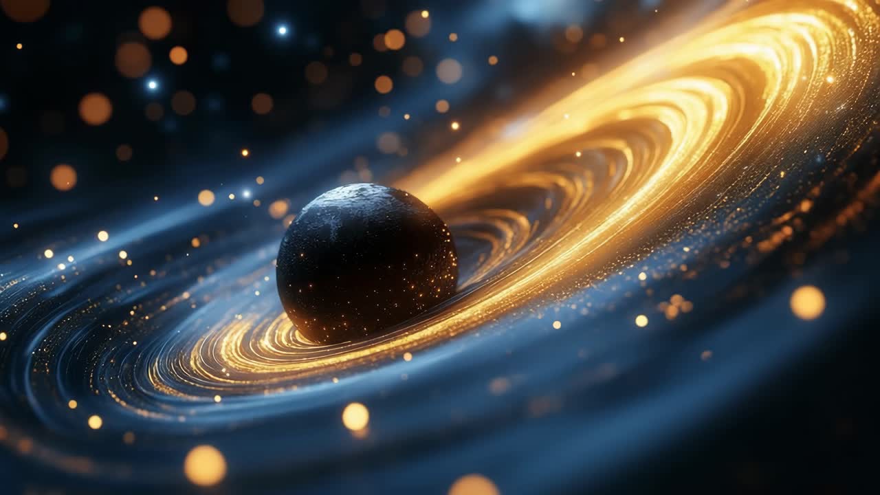 Cosmic whirlpool surrounds a dark sphere. A swirling cosmic vortex of energy and light envelops a dark spherical object in deep space.